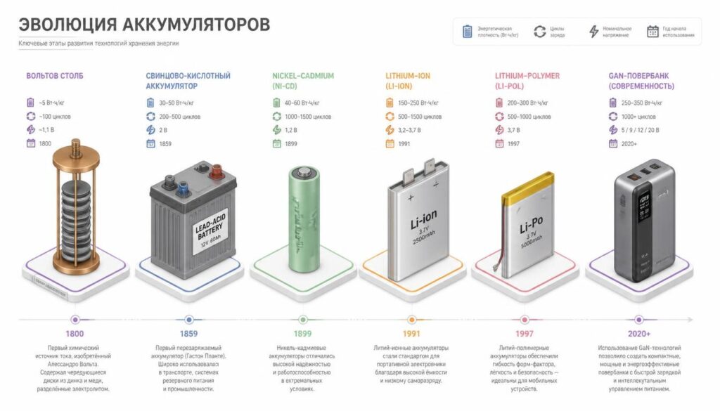 Эволюция внешних аккумуляторов от вольтова столба до GaN